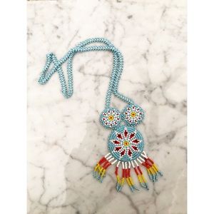 Vintage Native American Small Bead  Medallion Handmade Leather Necklace 24" long